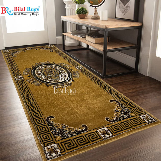 Gold Versace Polypropylene Woven Rug.
 Size : 2.6 ft width x 6.6 ft length
 (80 cm x 200cm)