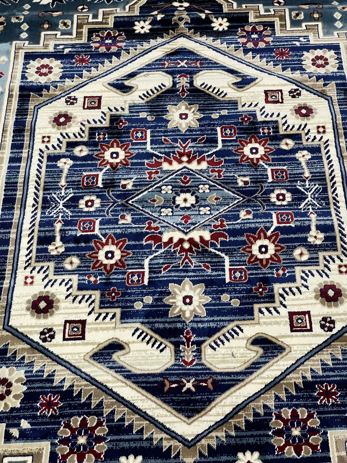 New Turkish Silk (Super Hair) 
Size: 6.6 ft width x 9.6 ft length (200cm x 290cm)
Article -407- off white , Blue, Multi Colour