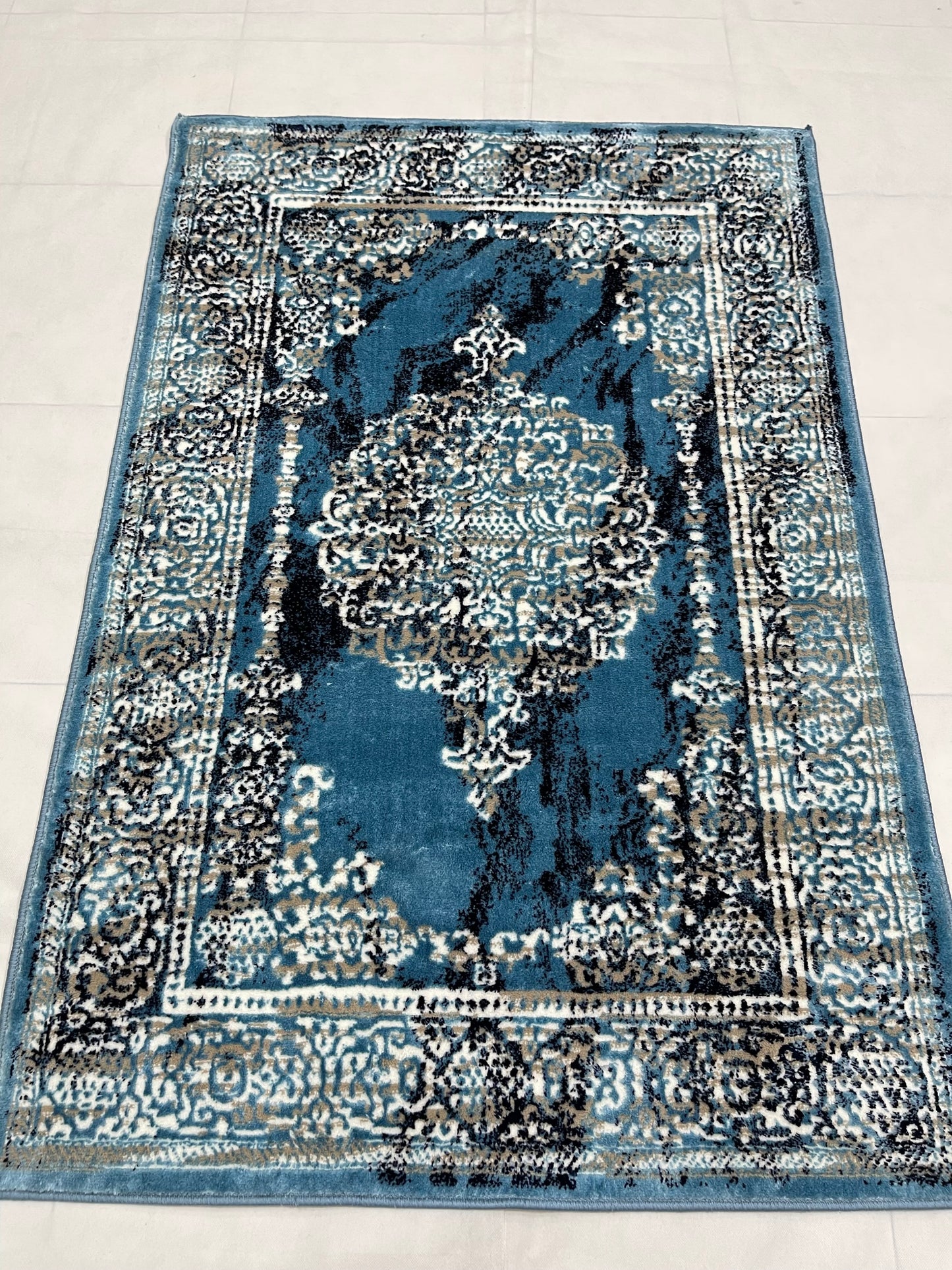 Polyester Silk Woven Rug.(Article-1456-Blue) Size : 3 ft width x 5 ft length ( 100cm x 150cm)