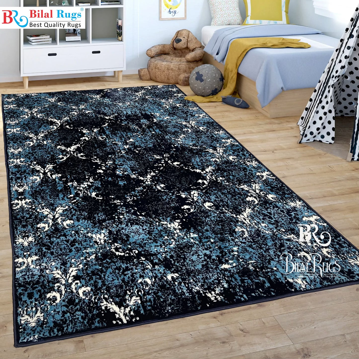 Pakistani Silk Woven Rug.(Article-1457-Blue) Size : 5ft width x 7.3ft length (150cm x 220cm)