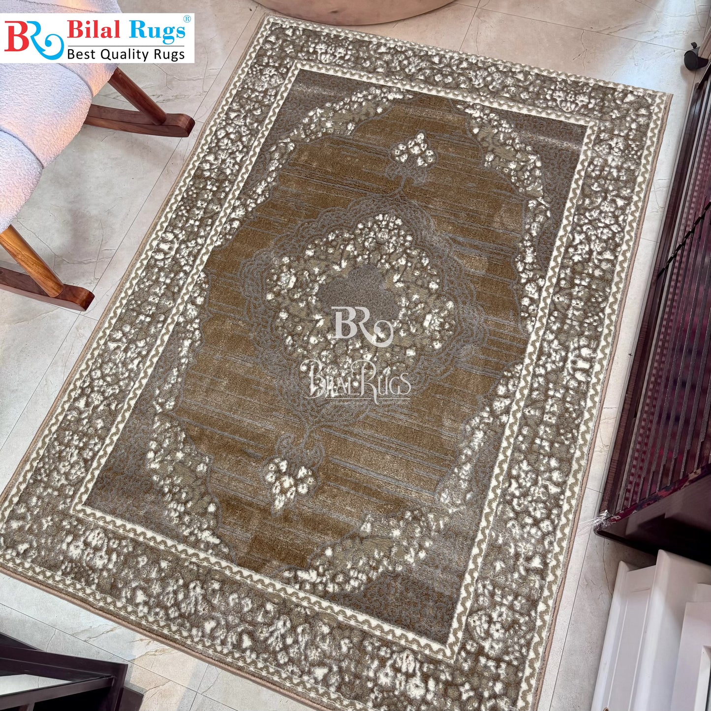 Pakistani Silk Woven Rug.(Article-1557-Light Beige) Size : 4 ft width x 5.6 ft length