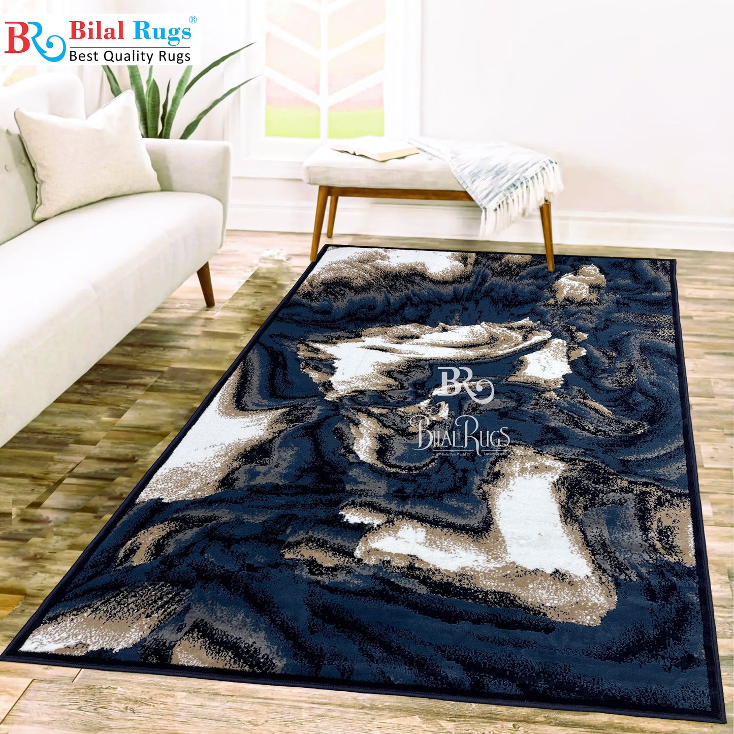 Modern polypropylene Rug,back woven(Article-6752-Blue ) Size : 5ft width  x 7.3ft length (150cm x 220cm)