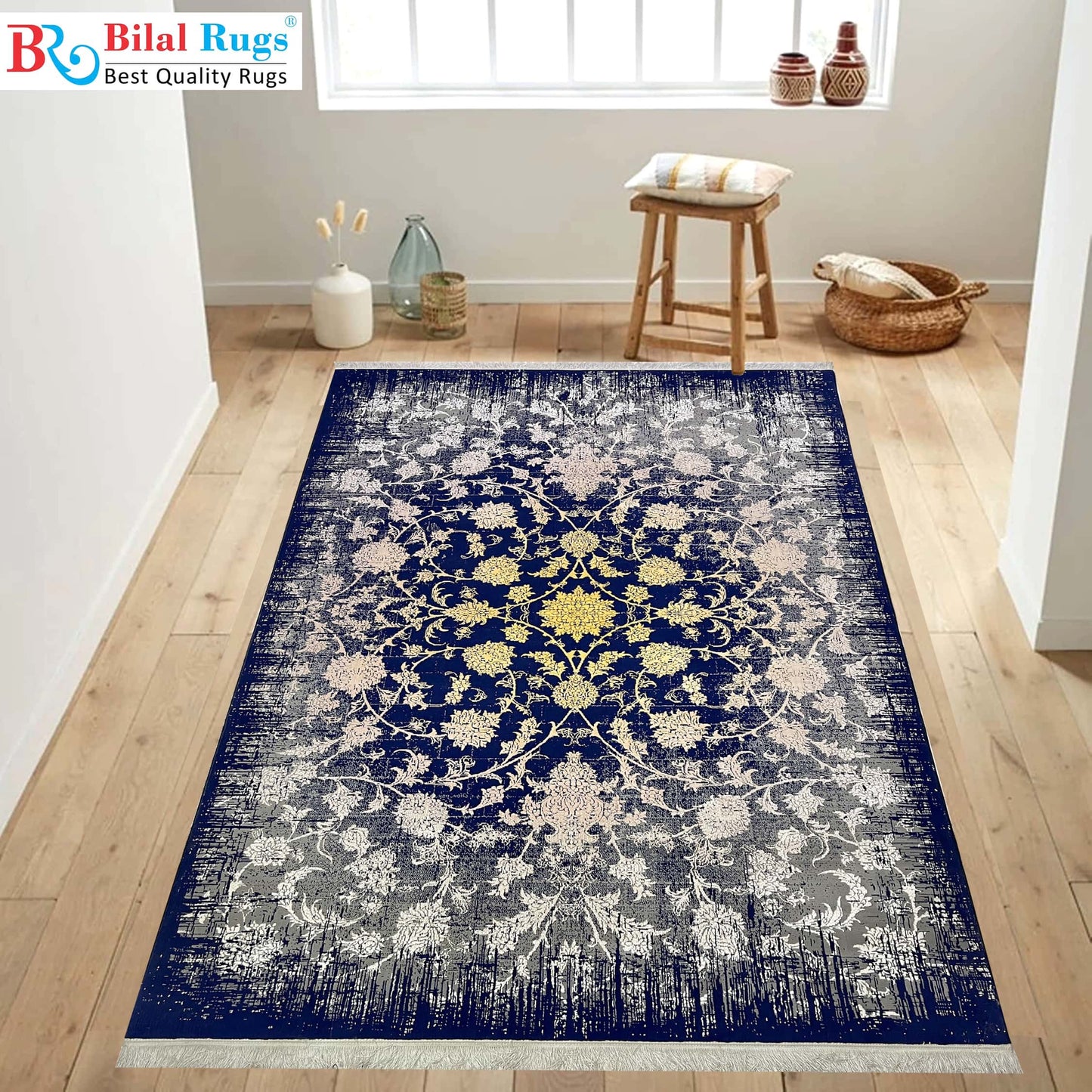 Irani Vintage Woven Rug.
Article -2016-Grey , Yellow , Blue
Size: 6.6 ft width x 9.6 ft length (200cm x 290cm)