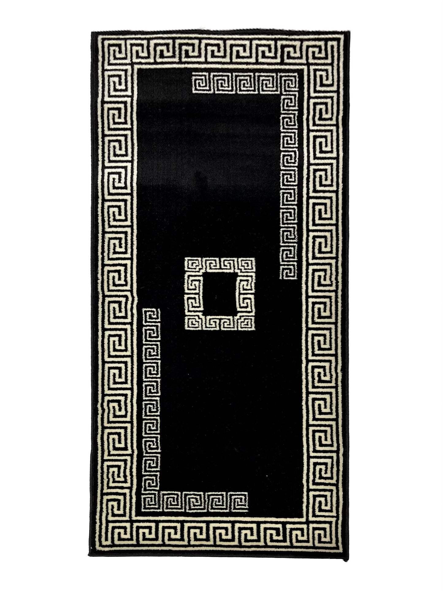 Black versace Polypropylene Woven Runner.
Size : 2.6 ft width x 6.3 ft length
(80 cm x 200cm)