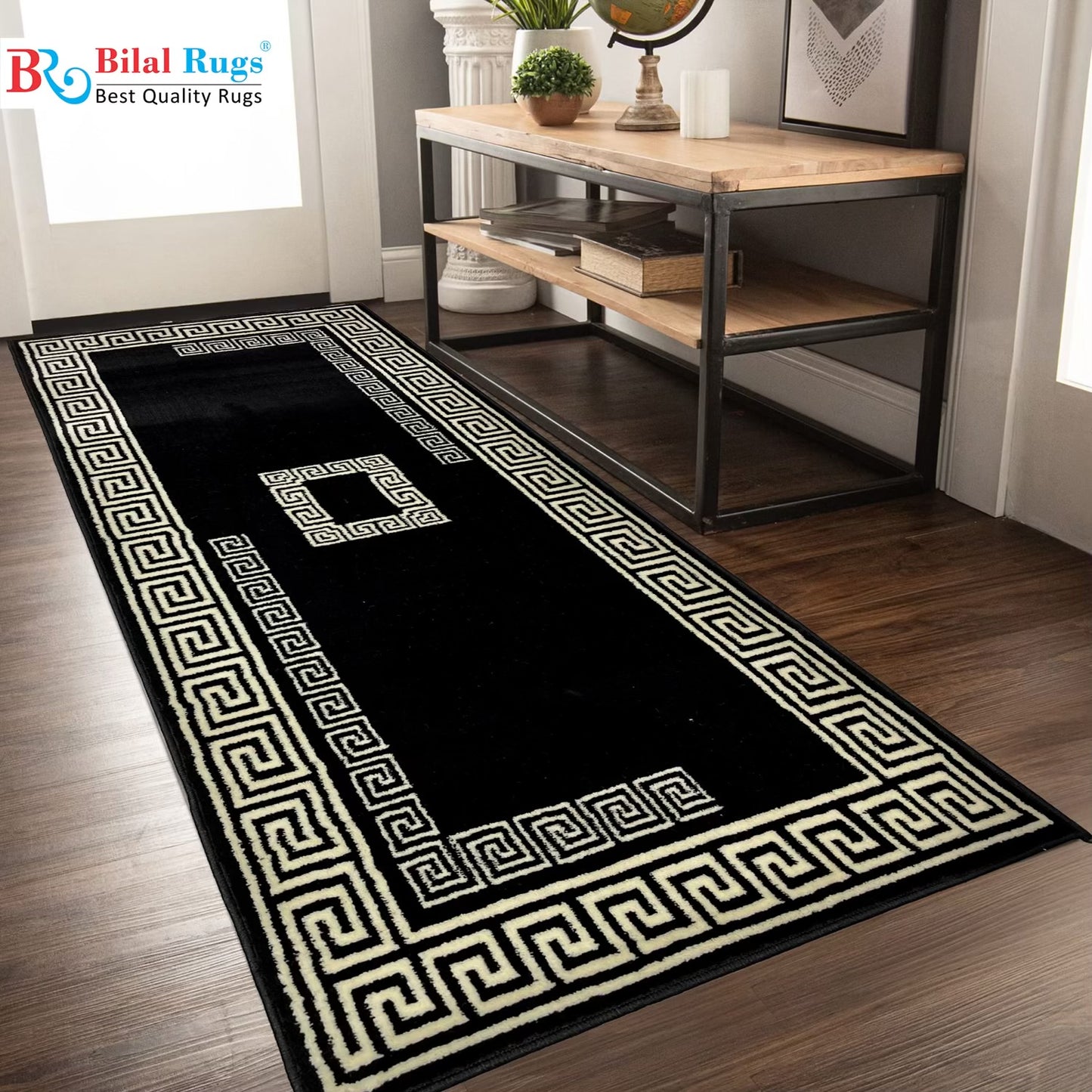 Black versace Polypropylene Woven Runner.
Size : 2.6 ft width x 6.3 ft length
(80 cm x 200cm)