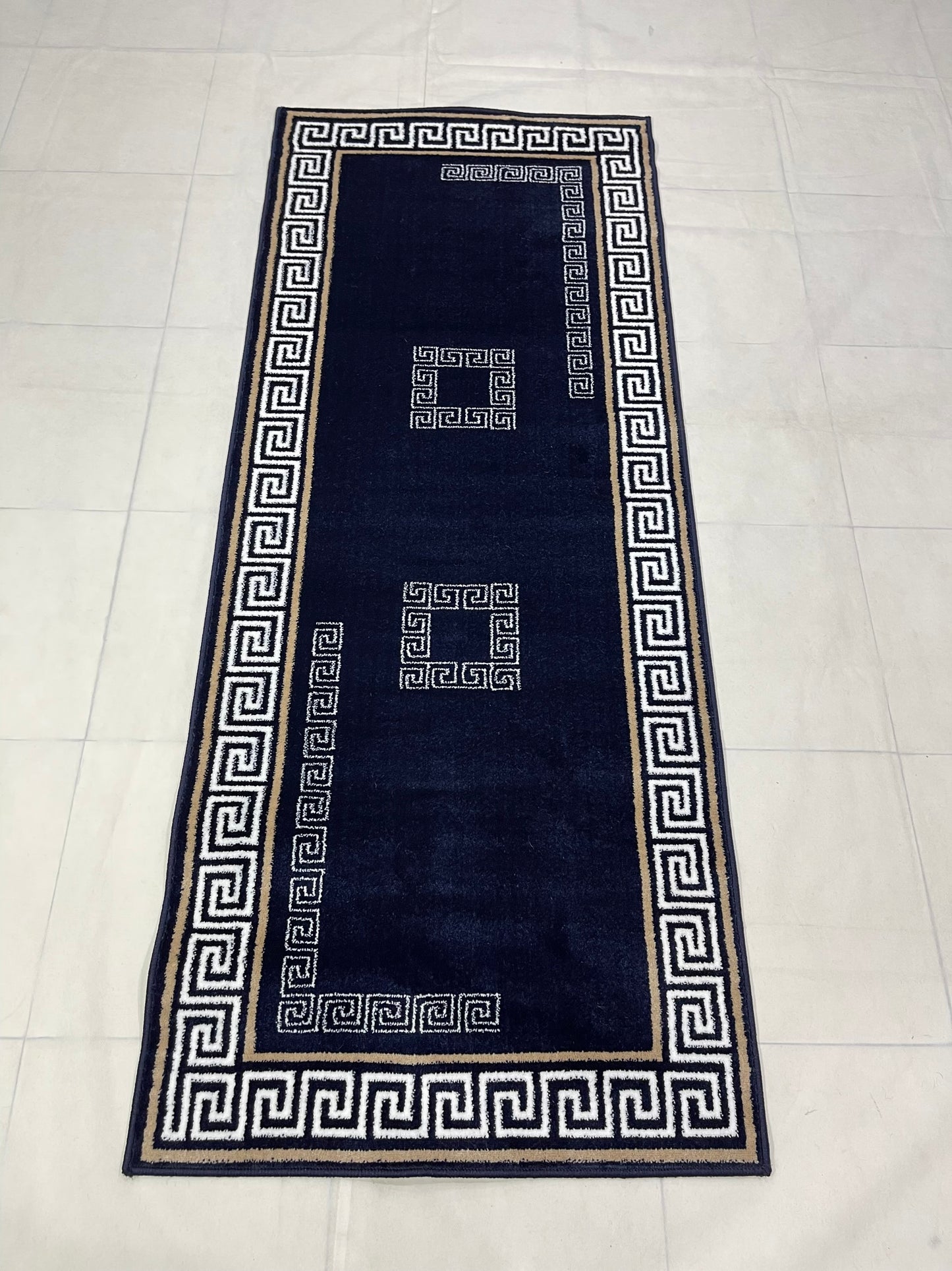 Blue Versace Polypropylene Woven Rug. Size : 2.6 ft width x 6.6 ft length (80 cm x 200cm)