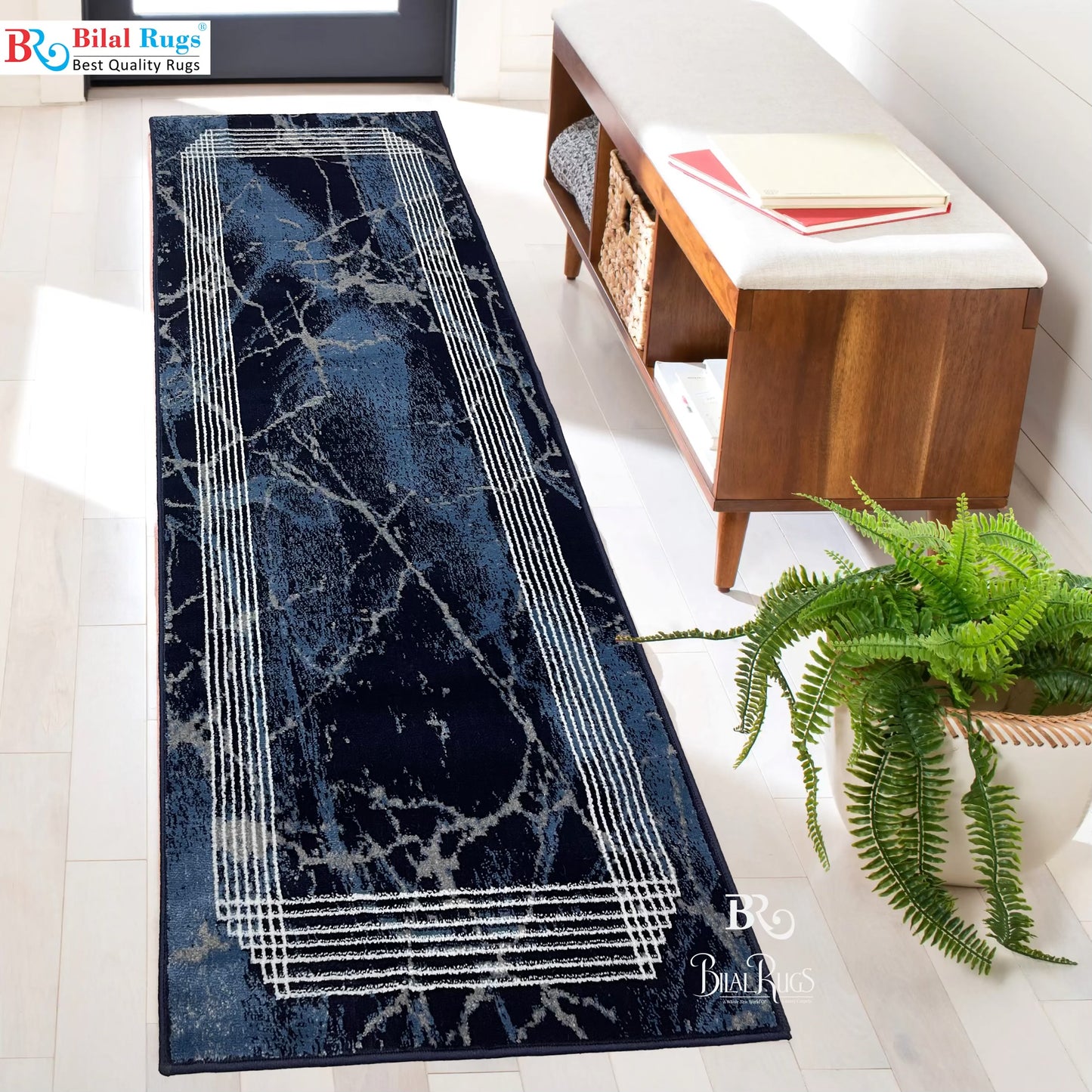Blue Modern Polypropylene Woven Runner. Size : 2.6 ft width x 6.6 ft length (80 cm x 200 cm)