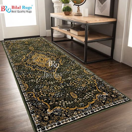 Green Persian Polypropylene Woven Runner.
 Size : 2.6 ft width x 6.6 ft length
 (80 cm x 200cm)