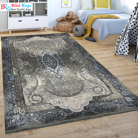 New Turkish Silk (Surya B) 
Size: 6.6 ft width x 9.6 ft length (200cm x 290cm)
Article -625- Grey , Blue