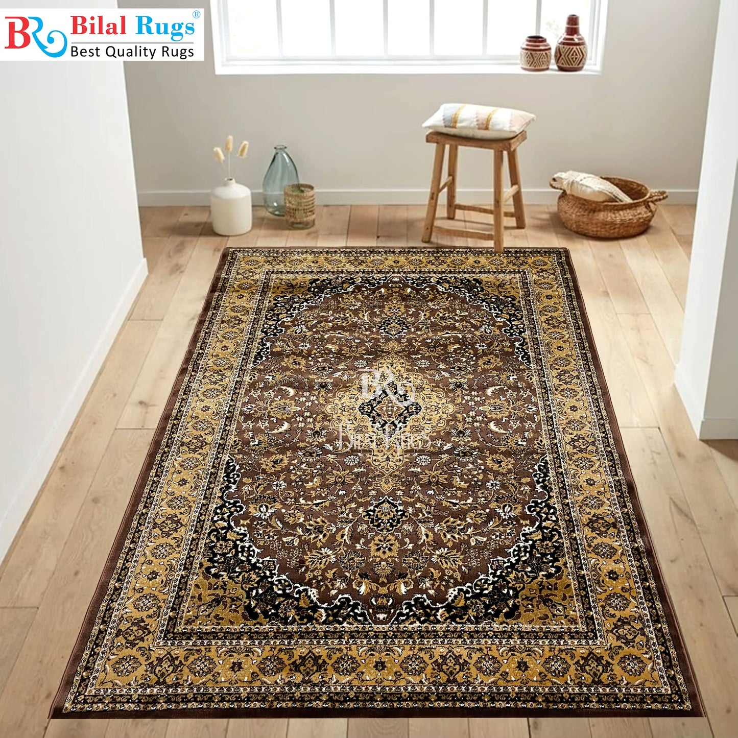 Persian  polypropylene Rug,back woven(Article-01-Brown)
Size : 6.6 ft width x 9.6 ft length (200cm x 290cm)