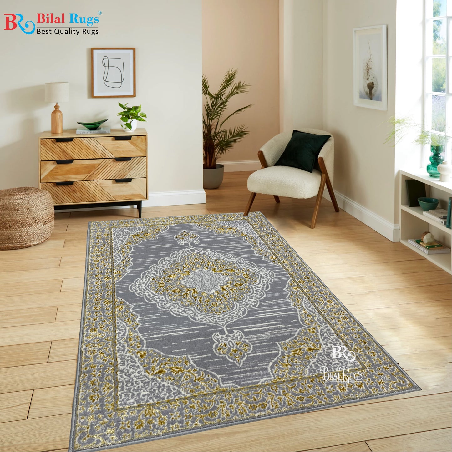 Polyester Silk Woven Rug.(Article-1455-Grey) Size : 3 ft width x 5 ft length ( 100cm x 150cm)