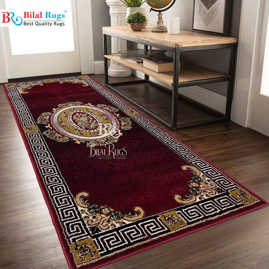 Red Versace Polypropylene Woven Runner.
 Size : 2.6 ft width x 6.6 ft length
 (80 cm x 200cm)