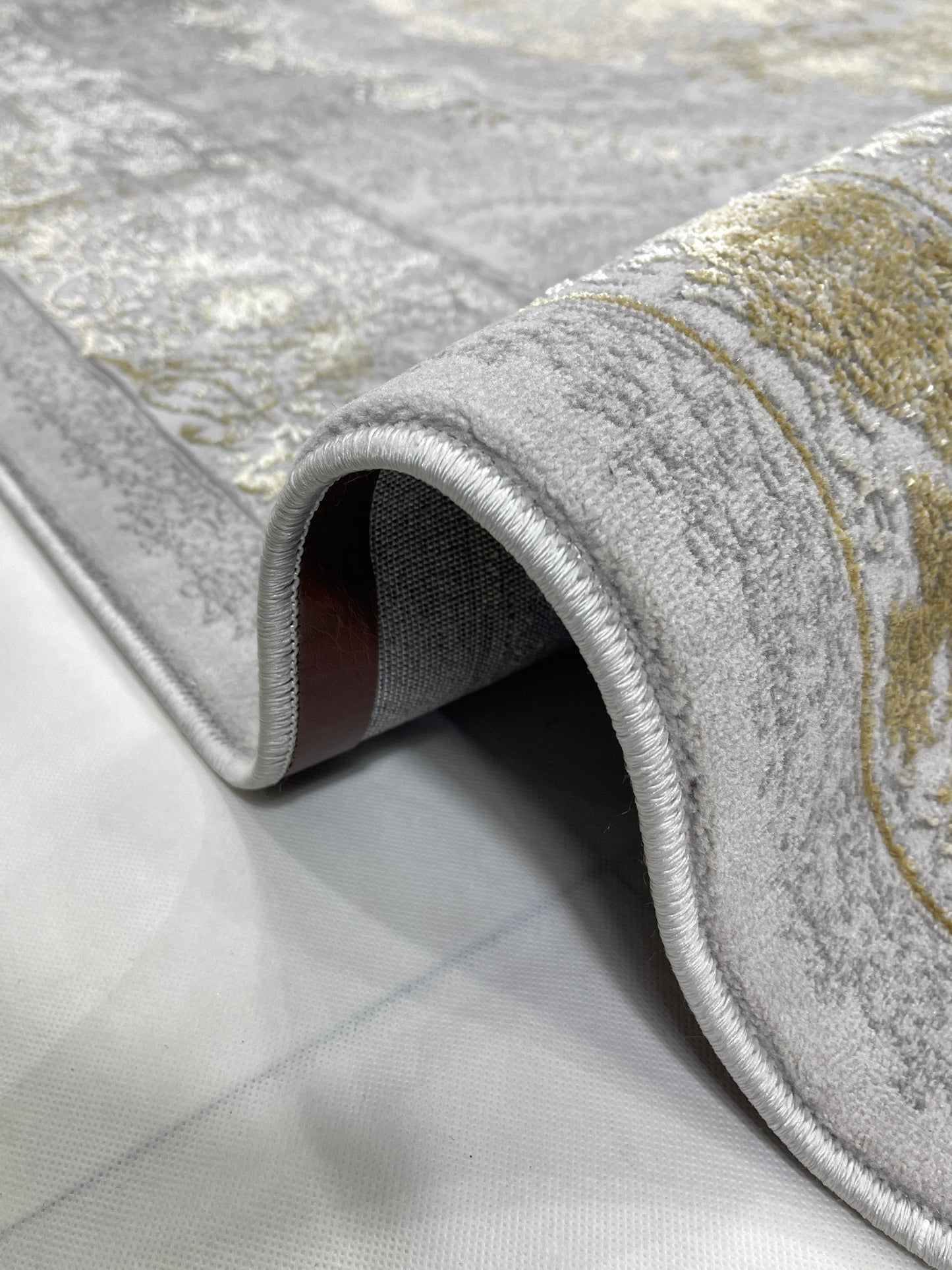 New Turkish Silk (Surya B) 
Size: 6.6 ft width x 9.6 ft length (200cm x 290cm)
Article -601- Grey , Gold