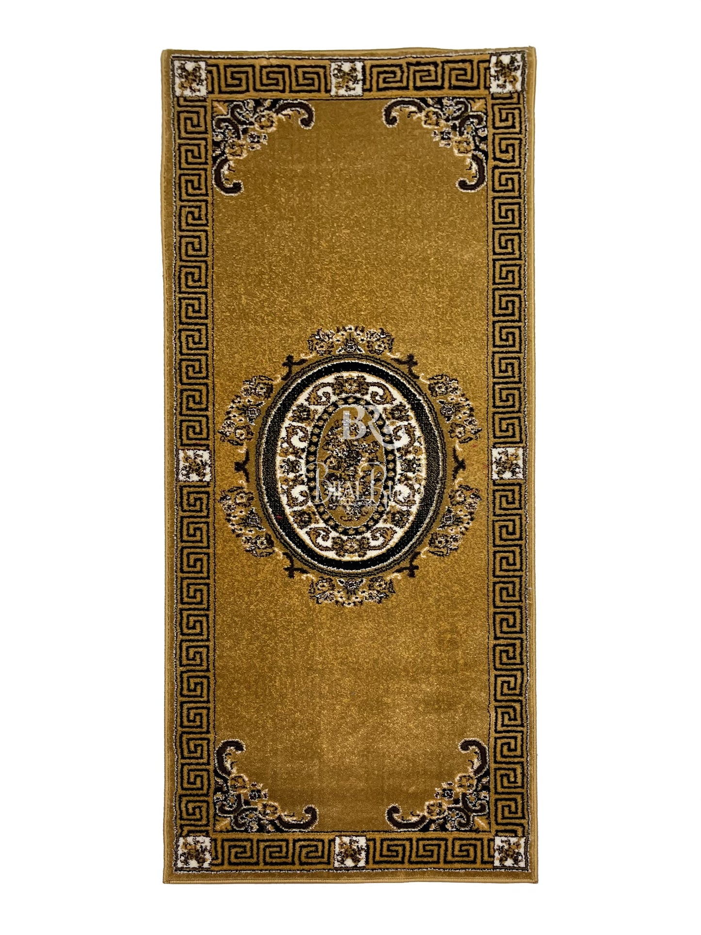 Gold Versace Polypropylene Woven Rug.
 Size : 2.6 ft width x 6.6 ft length
 (80 cm x 200cm)
