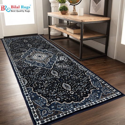 Dark Blue Persian Polypropylene Woven Rug.  Size : 2.6 ft width x 6.6 ft length  (80 cm x 200cm)