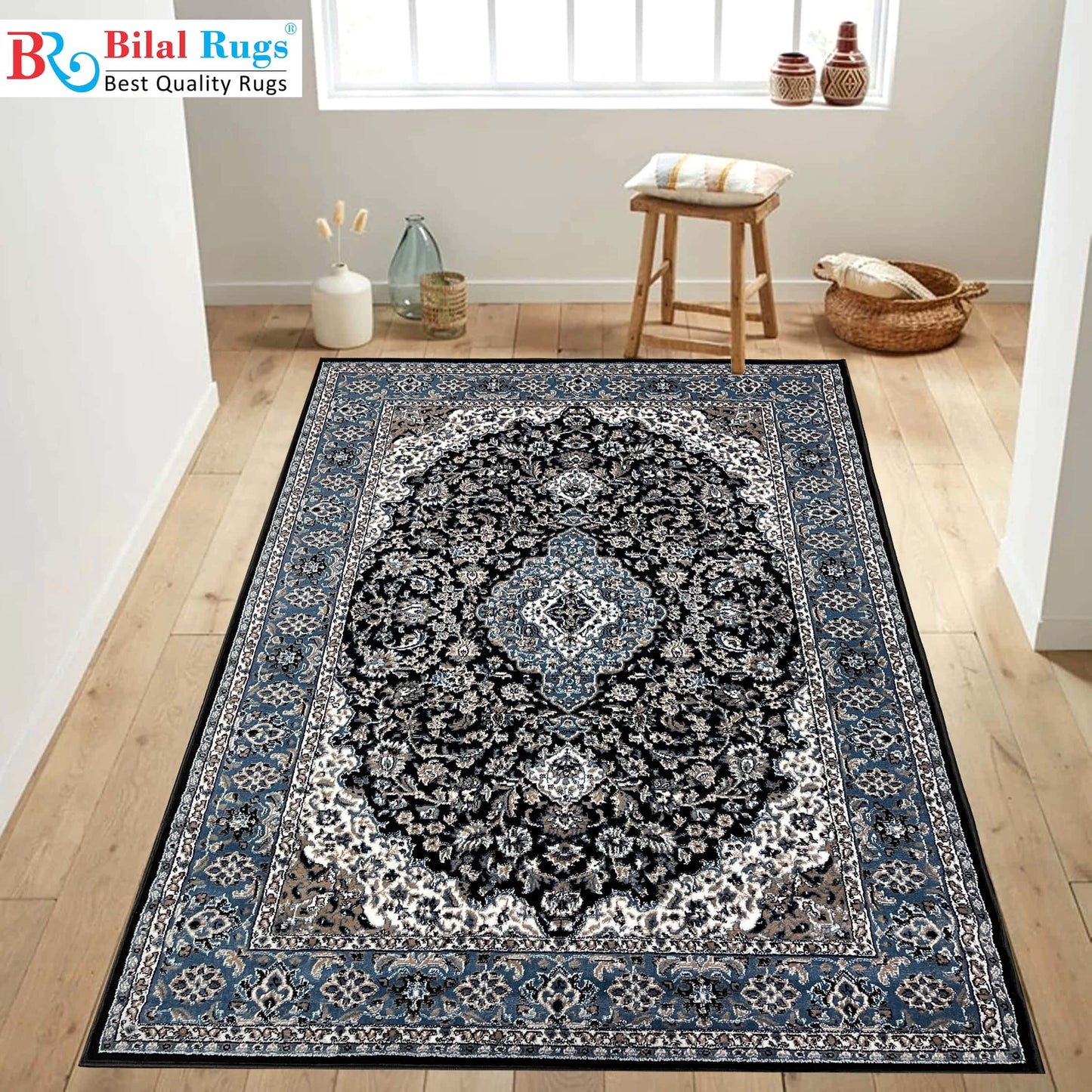 Persian polypropylene Rug,back woven(Article-01-Black ,Blue )
Size : 5ft width  x 7.3ft length (150cm x 220cm)