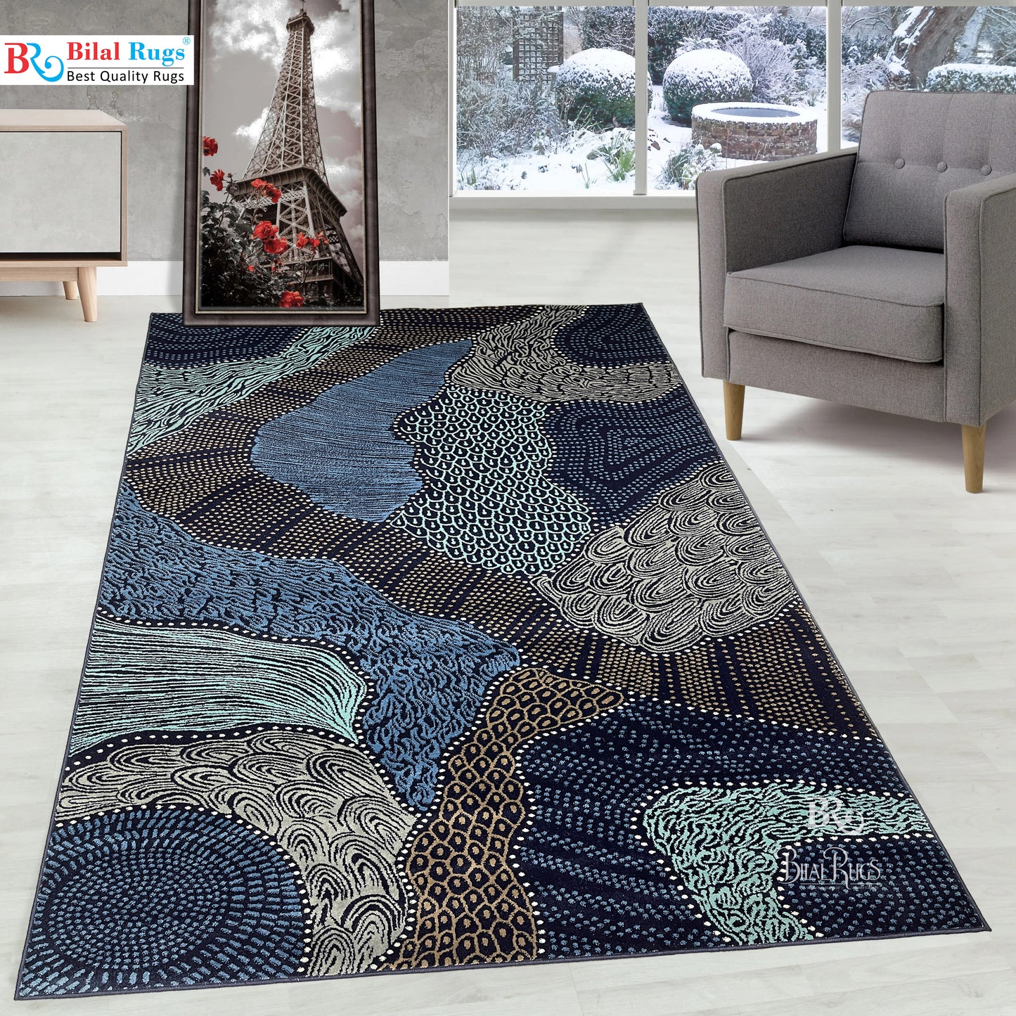 Modern polypropylene Rug,back woven(Article-125-Blue)
Size : 6.6 ft width x 9.6 ft length (200cm x 290cm)