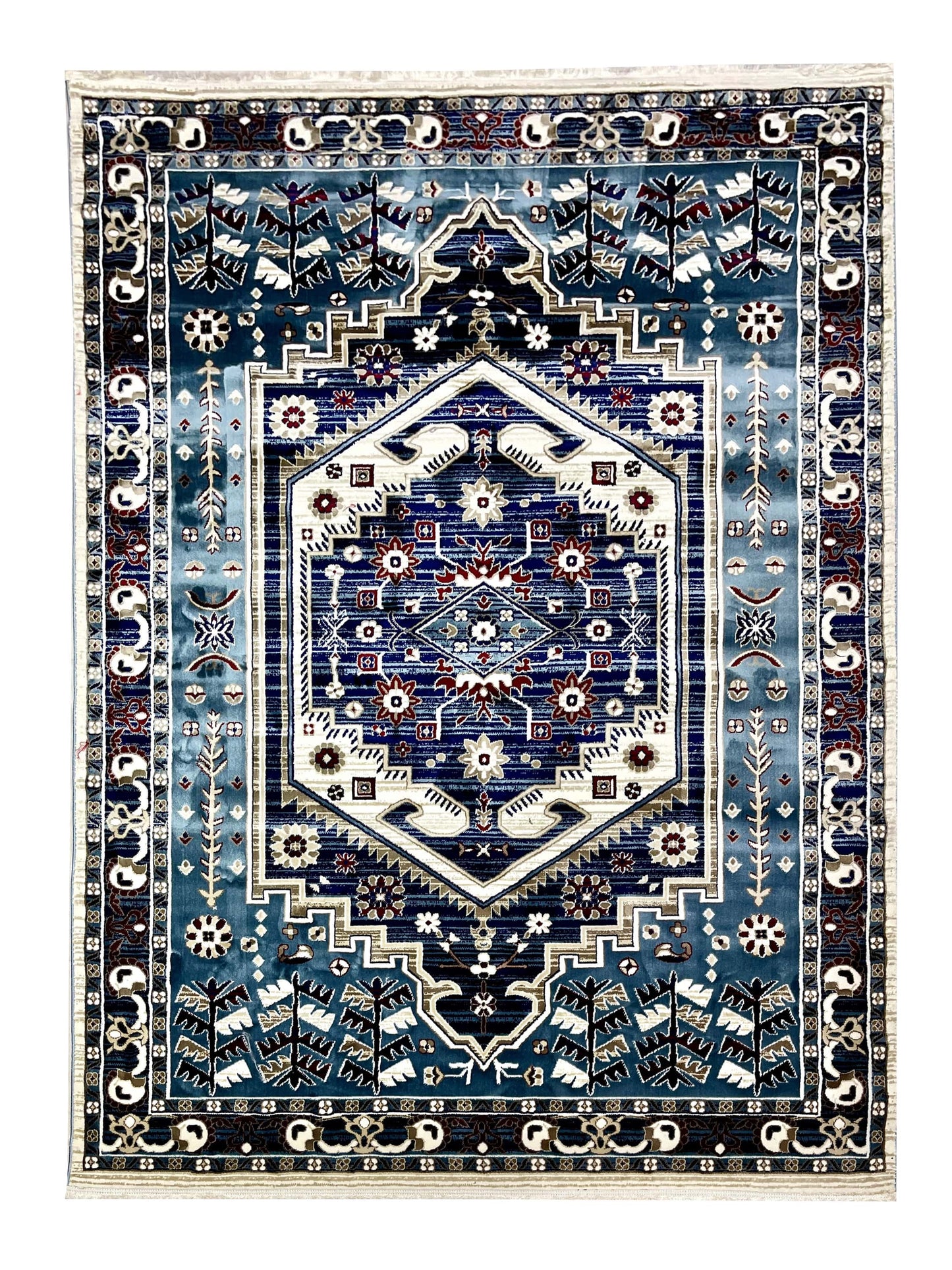 New Turkish Silk (Super Hair) 
Size: 6.6 ft width x 9.6 ft length (200cm x 290cm)
Article -407- off white , Blue, Multi Colour