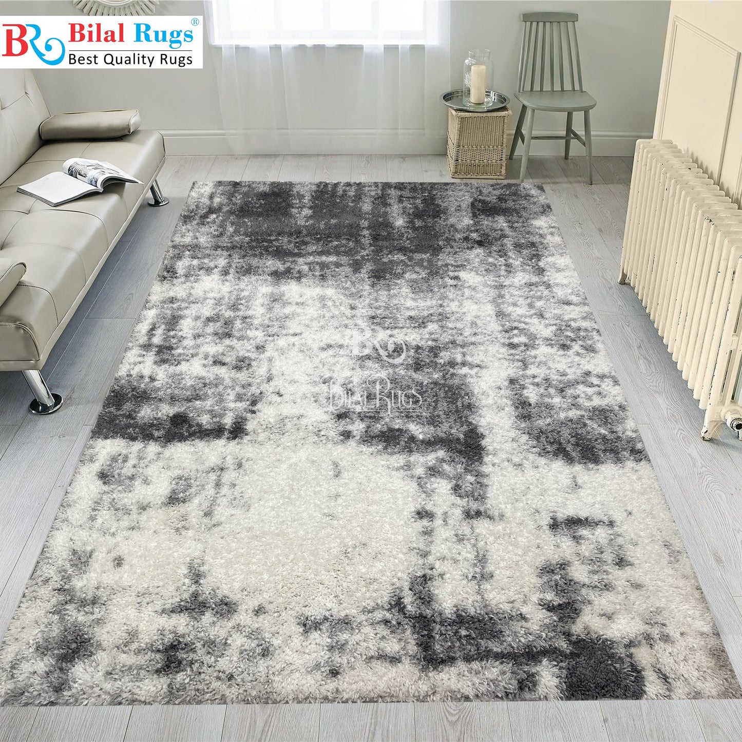 Turkish Shaggy Rug With Woven Back.  Size : 5 Ft Width x 7.3 Ft Length (160cm x 220cm) Article-08-Off White, Grey
