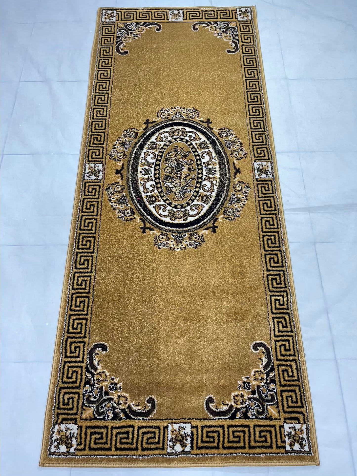 Gold Versace Polypropylene Woven Rug.
 Size : 2.6 ft width x 6.6 ft length
 (80 cm x 200cm)