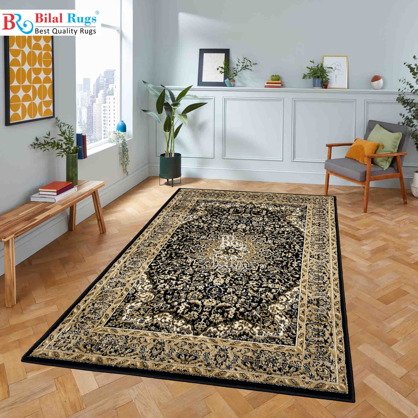 Persian polypropylene Rug,back woven (Article-20-Black) Size : 4 ft width x 5.6 ft length (120 cm x 170 cm)