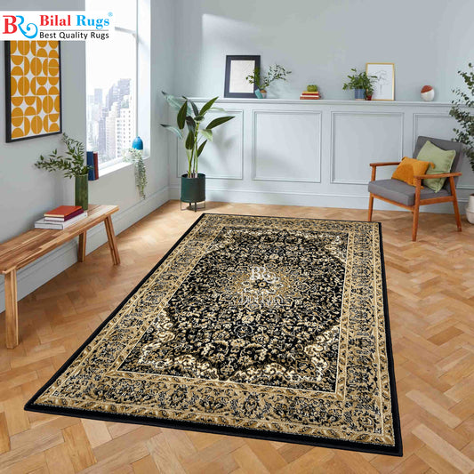 Persian polypropylene Rug,back woven (Article-20-Black) Size : 4 ft width x 5.6 ft length (120 cm x 170 cm)