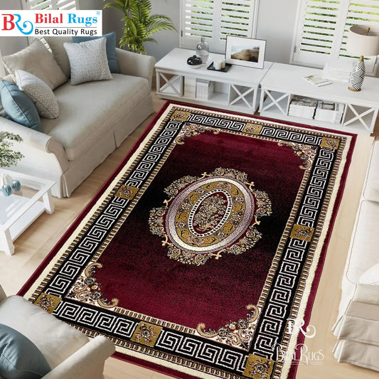 Versace  Polypropylene woven Rug.
Article-75-Red
Size : 5ft width  x 7.3ft length (150cm x 220cm)