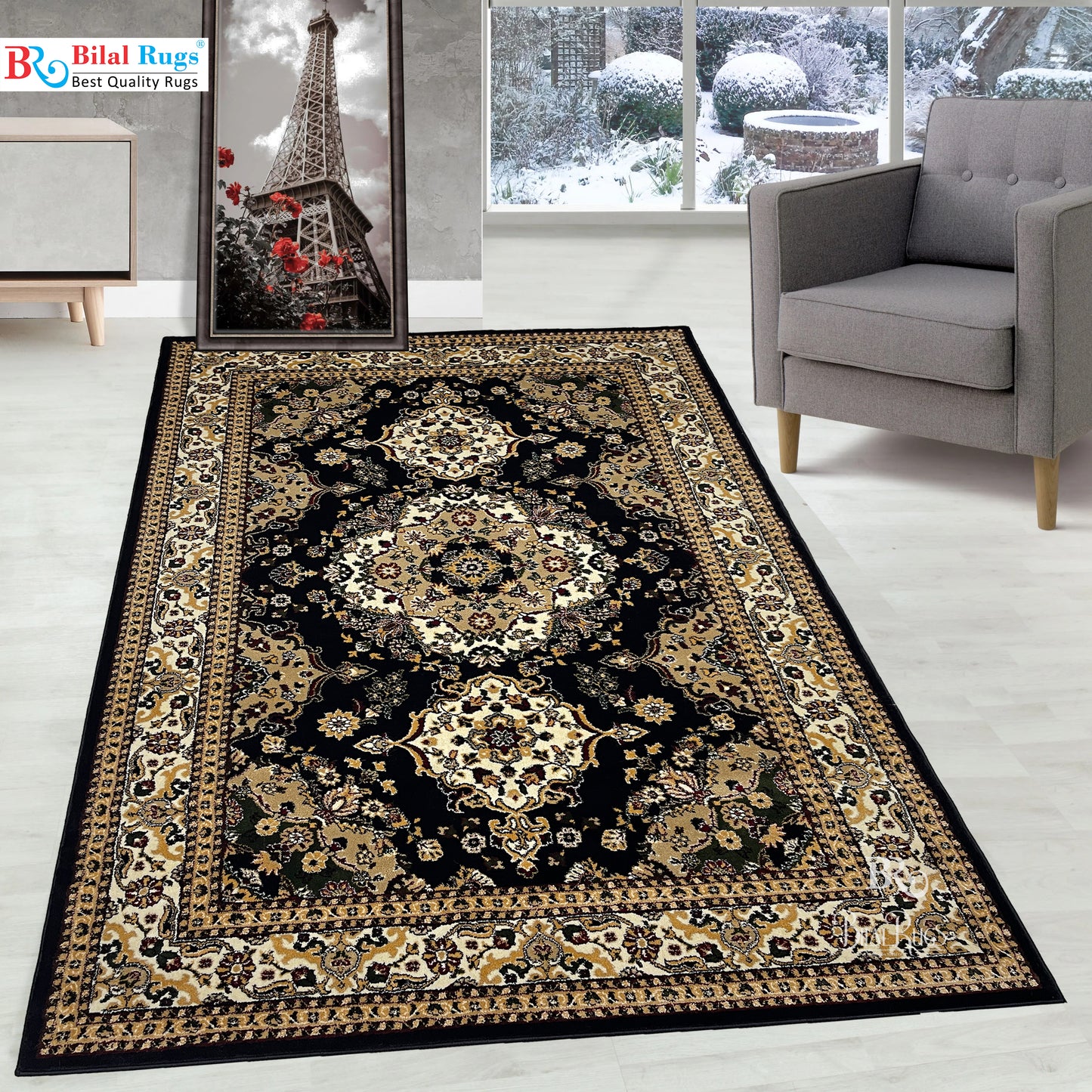 Persian polypropylene Rug,back woven(Article-28-Black)