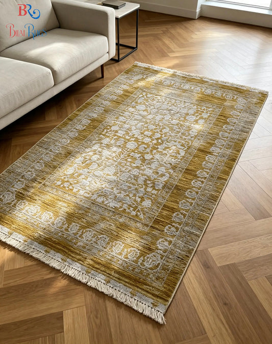 Turkish viscose Rug , Woven Back
Article-313-Yellow 
Size : 3 ft width x 5 ft length (100 cm x 150cm)