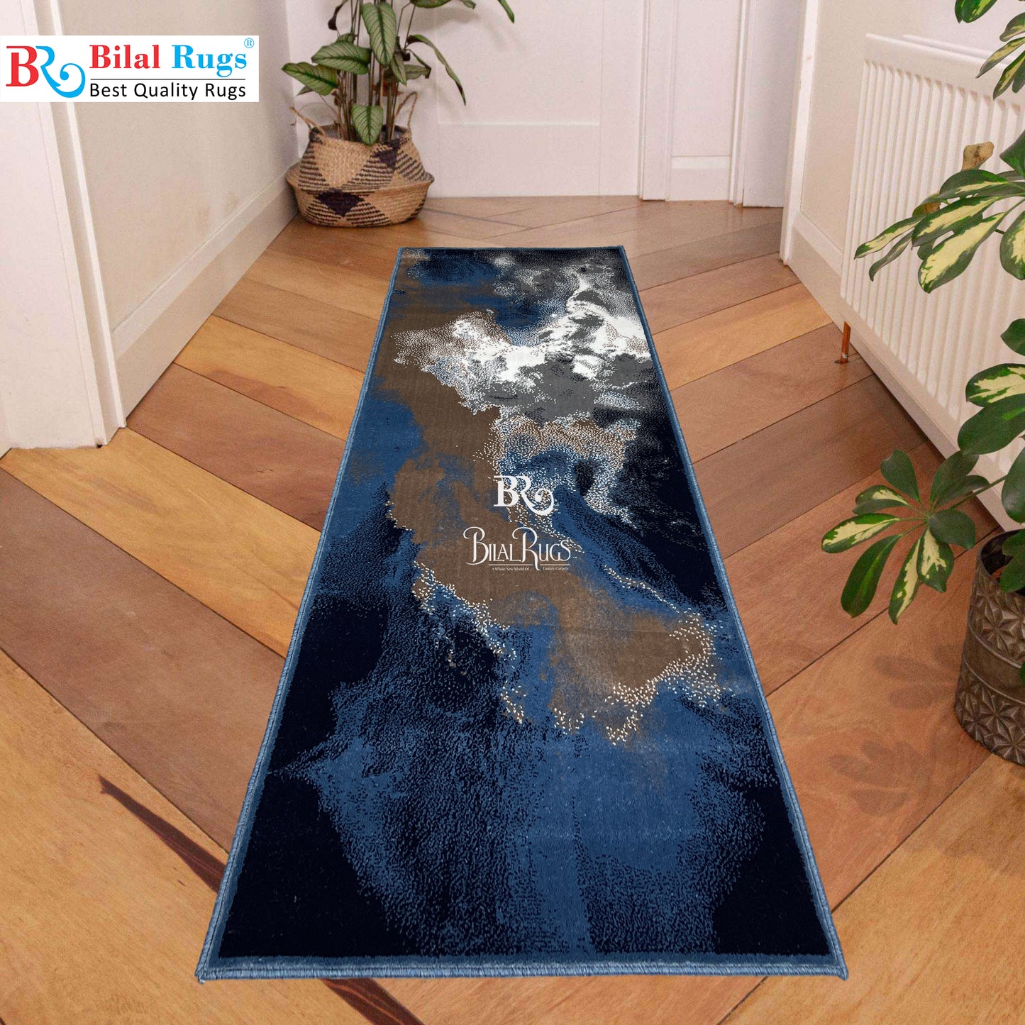 Blue Modern Polypropylene Woven Rug.  Size : 2.6 ft width x 6.6 ft length  (80 cm x 200cm)
