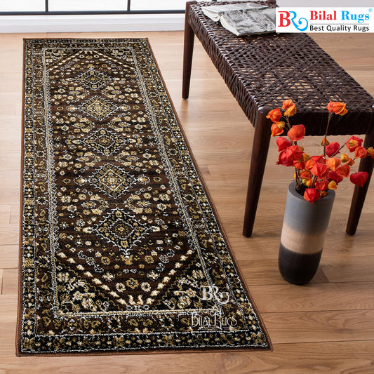 Brown  Persian Polypropylene Woven Rug.  Size : 2.6 ft width x 6.6 ft length  (80 cm x 200cm)