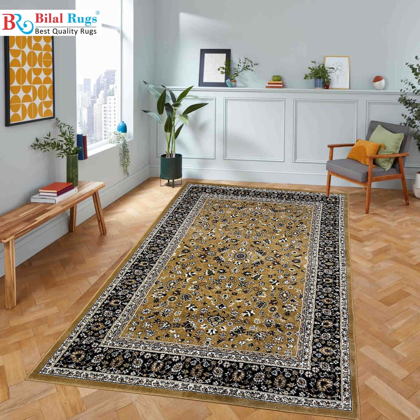 Gold Allover  polypropylene Rug,back woven(Article-140-Beige)