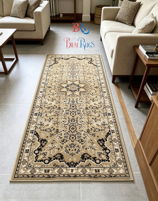 Beige  Persian Polypropylene Woven Rug.  Size : 2.6 ft width x 6.6 ft length  (80 cm x 200cm)