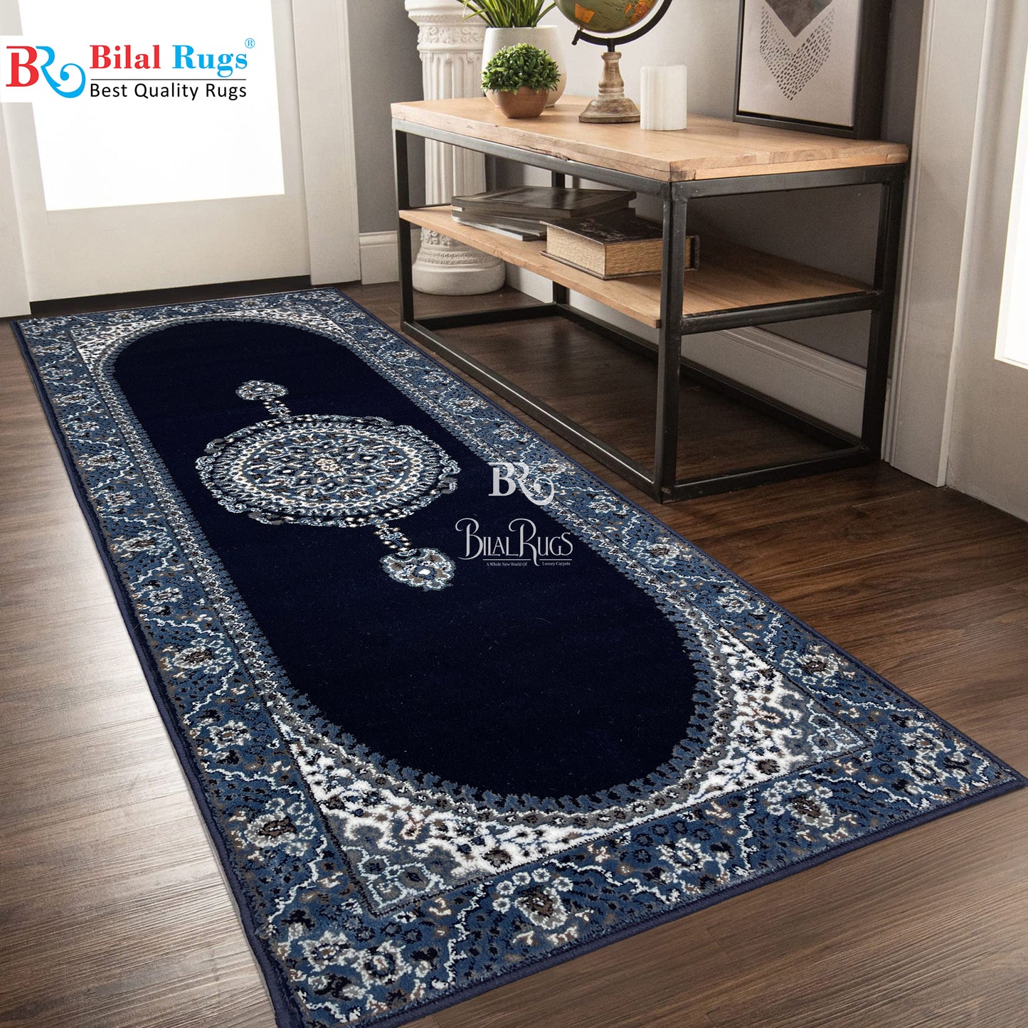 Dark Blue Persian Polypropylene Woven Runner.
 Size : 2.6 ft width x 6.3 ft length
 (80 cm x 200cm)