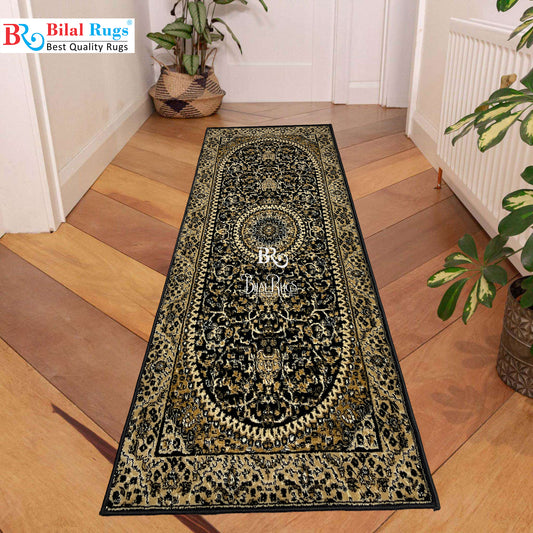 Black Persian Polypropylene Woven Rug.  Size : 2.6 ft width x 6.6 ft length  (80 cm x 200cm)