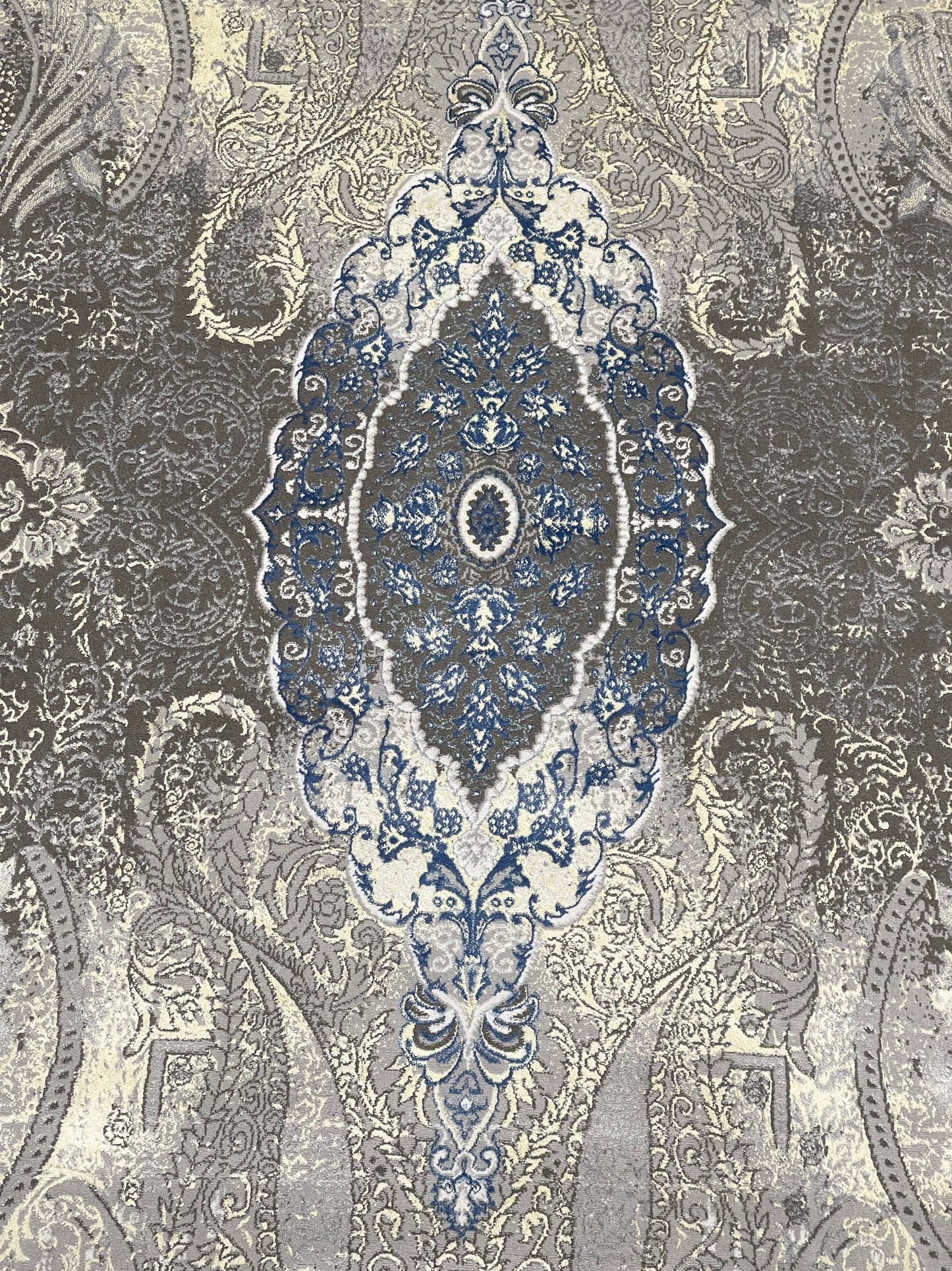 New Turkish Silk (Surya B) 
Size: 6.6 ft width x 9.6 ft length (200cm x 290cm)
Article -625- Grey , Blue