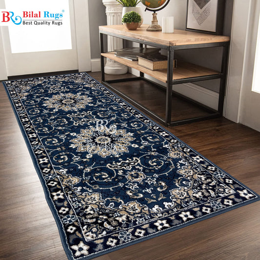 Blue Persian Polypropylene Woven Rug.  Size : 2.6 ft width x 6.6 ft length  (80 cm x 200cm)