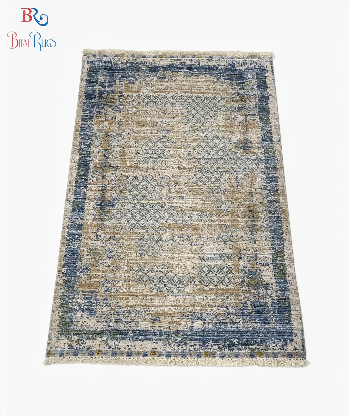 Turkish viscose Rug , Woven Back
Article-320-Beige ,Blue 
Size : 3 ft width x 5 ft length (100 cm x 150cm)