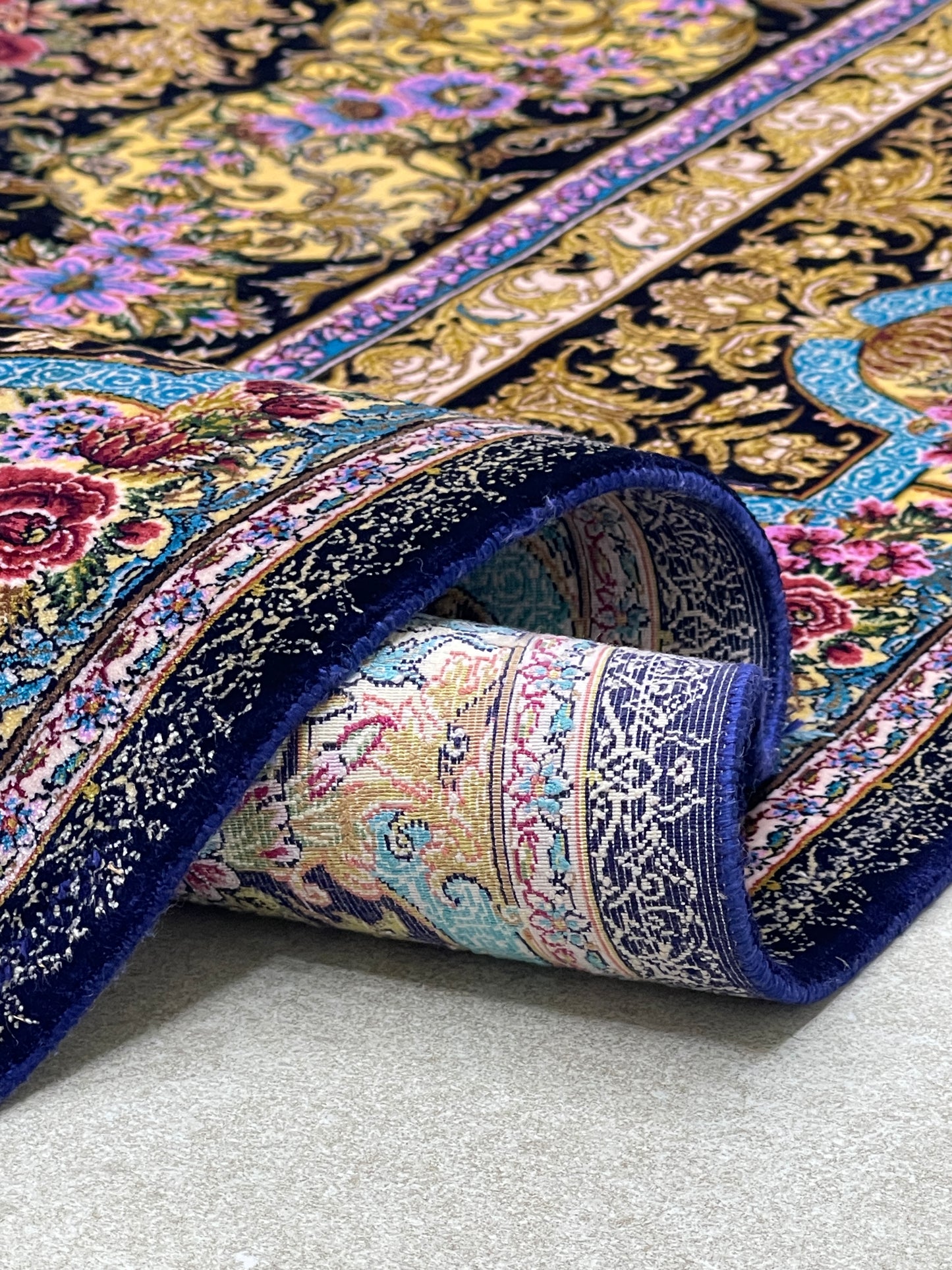 Premium Irani 1600 Reed Machine Made Rug - Blue & Gold with Cotton Back
Size : 5 ft width x 7.3 ft length (150cm x 225cm)