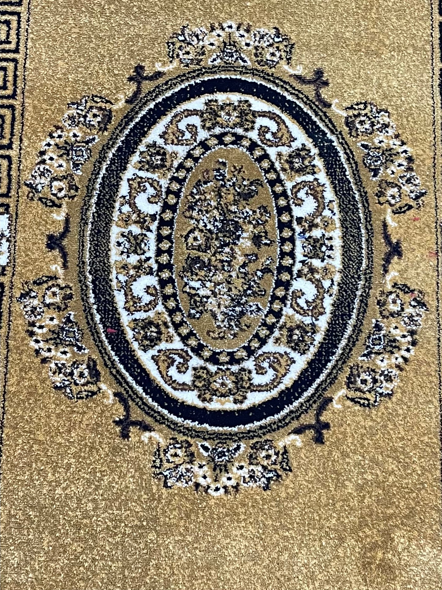 Gold Versace Polypropylene Woven Rug.
 Size : 2.6 ft width x 6.6 ft length
 (80 cm x 200cm)