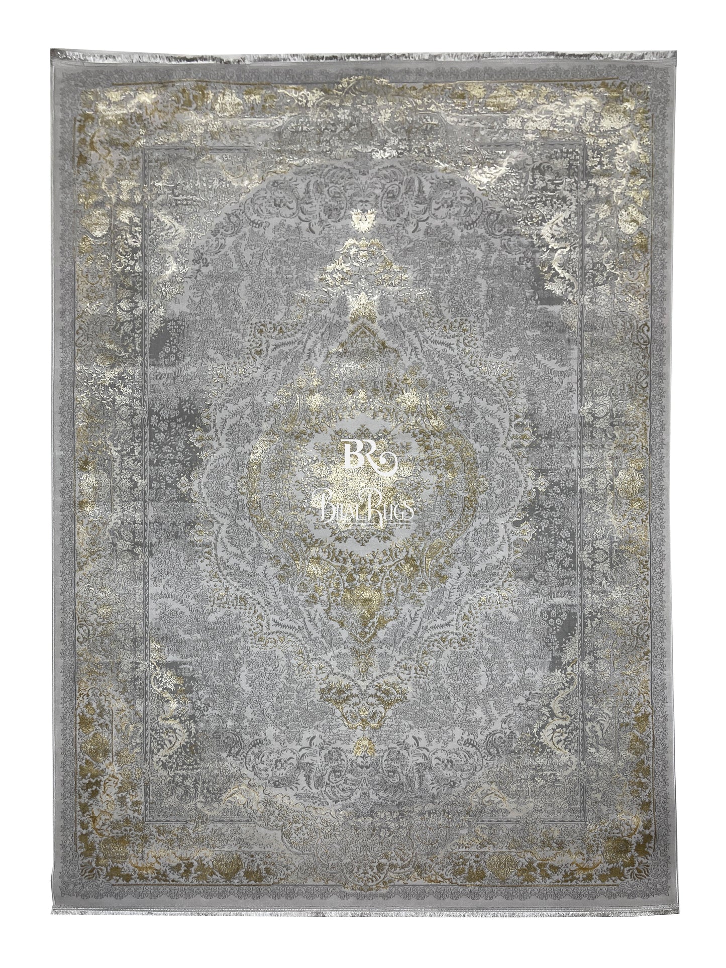 New Turkish Silk (Surya B) 
Size: 6.6 ft width x 9.6 ft length (200cm x 290cm)
Article -601- Grey , Gold