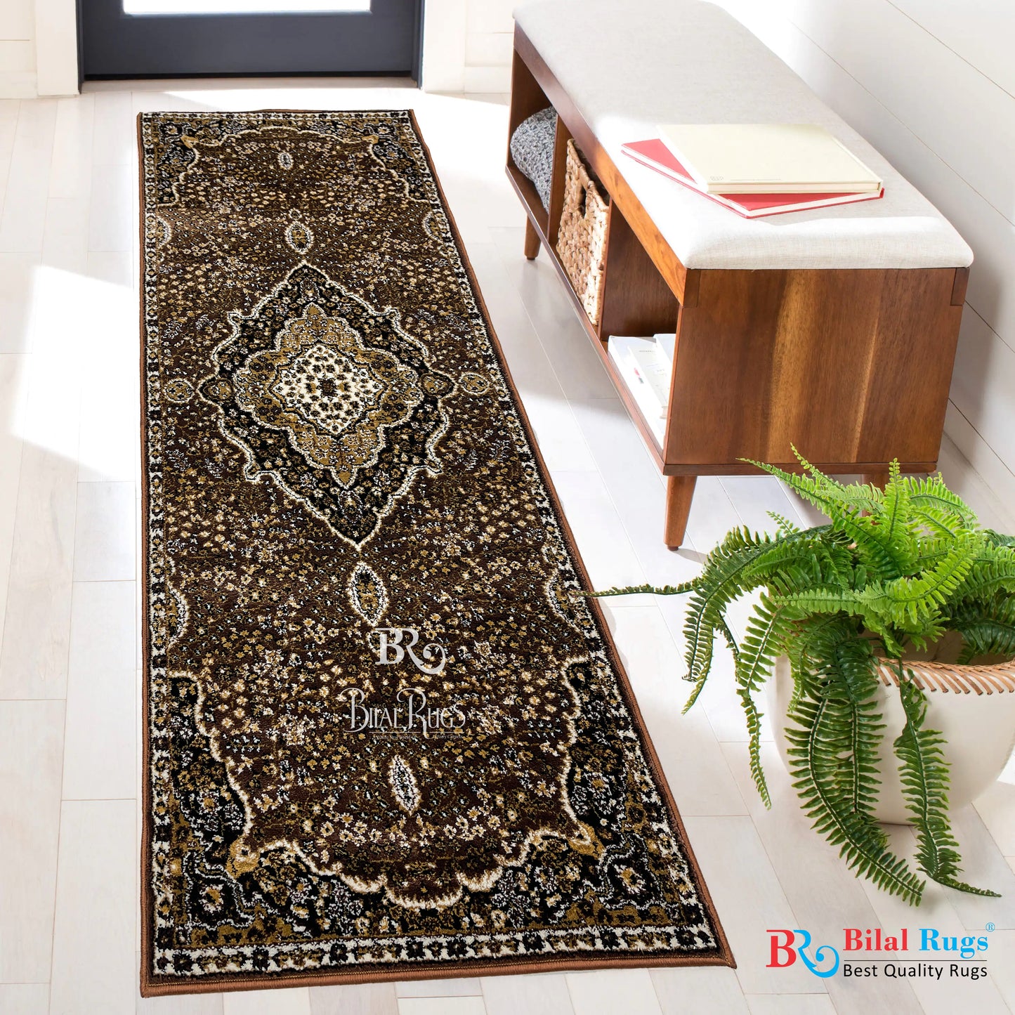 Brown Persian Polypropylene Woven Rug.  Size : 2.6 ft width x 6.6 ft length  (80 cm x 200cm)