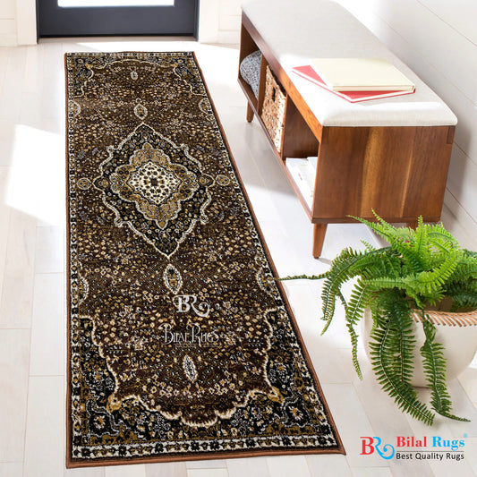 Brown Persian Polypropylene Woven Rug.  Size : 2.6 ft width x 6.6 ft length  (80 cm x 200cm)
