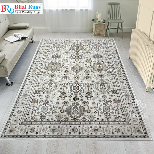 Modern Turkish Silk , Woven Back (Article-1306-Off white,Grey) Size : 5 ft width x 7.3 ft length