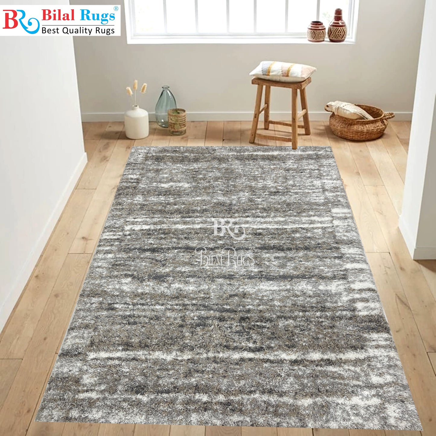 Turkish Shaggy Rug With Woven Back.  Size : 5 Ft Width x 7.3 Ft Length (160cm x 220cm) Article-09-Off White, Grey
