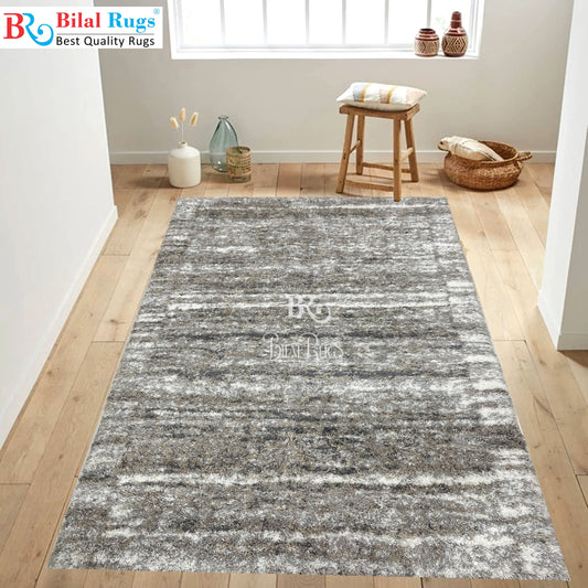 Turkish Shaggy Rug With Woven Back.  Size : 5 Ft Width x 7.3 Ft Length (160cm x 220cm) Article-09-Off White, Grey