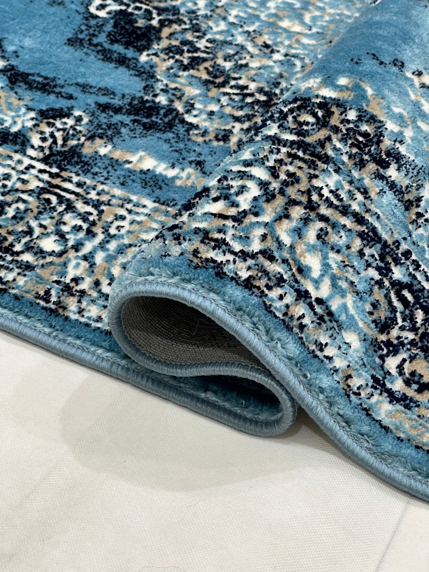 Polyester Silk Woven Rug.(Article-1456-Blue) Size : 3 ft width x 5 ft length ( 100cm x 150cm)