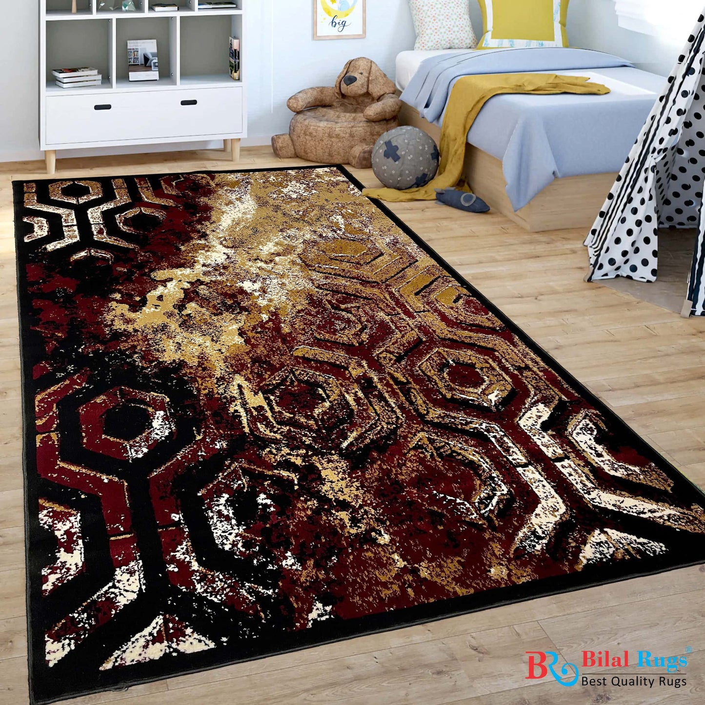 Modern  Polypropylene Rug,Back Woven(Article-6871-Black, Red, Beige )
Size : 6.6 ft width x 9.6 ft length (200cm x 290cm)