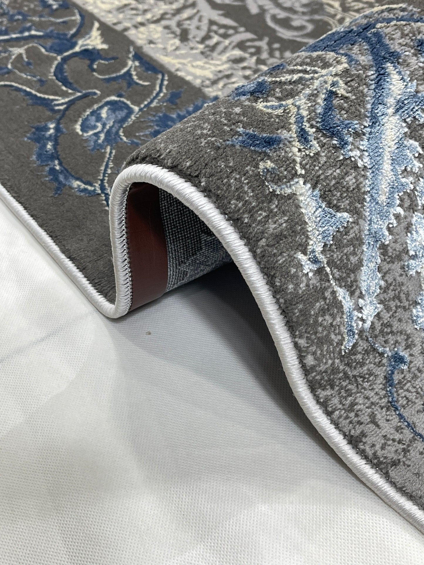 New Turkish Silk (Surya B) 
Size: 6.6 ft width x 9.6 ft length (200cm x 290cm)
Article -625- Grey , Blue
