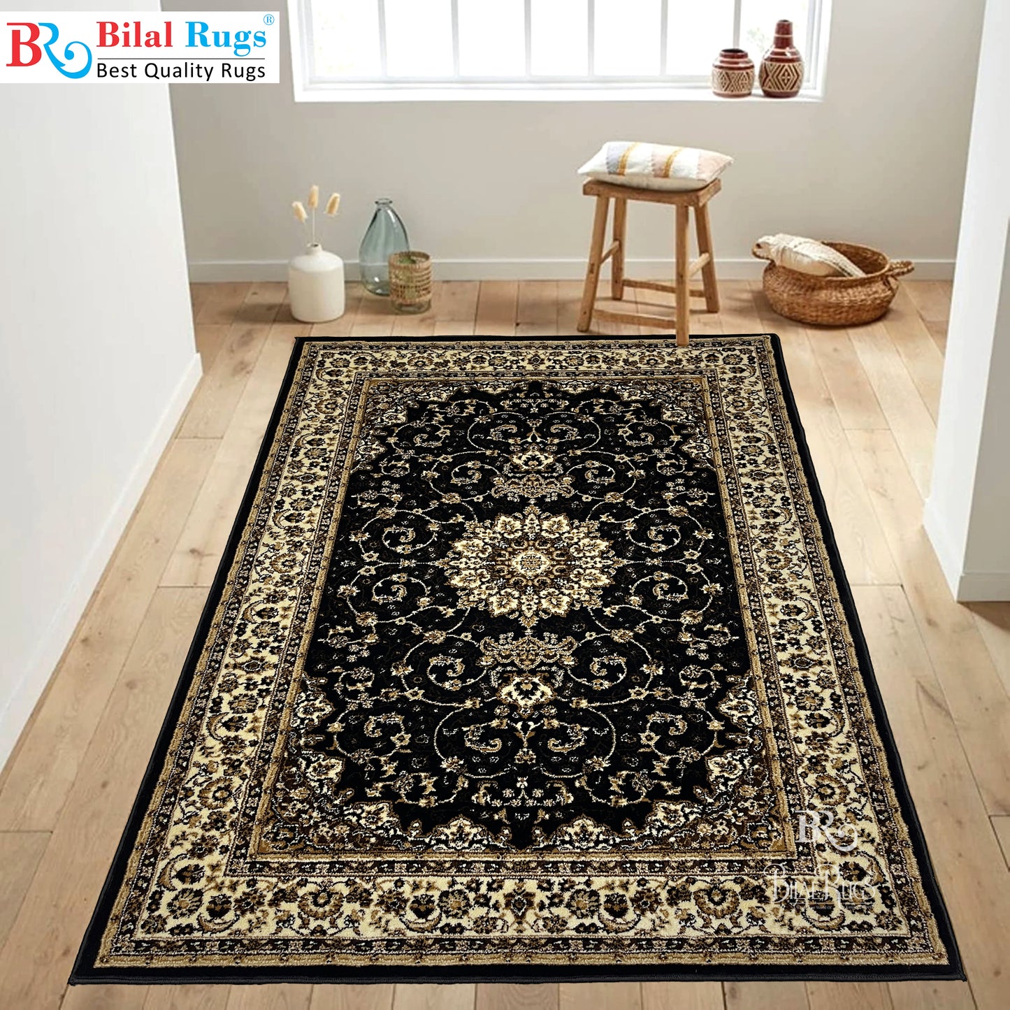 Persian Polypropylene Rug,back woven(Article-19-Black)
Size : 5ft width  x 7.3ft length (150cm x 220cm)